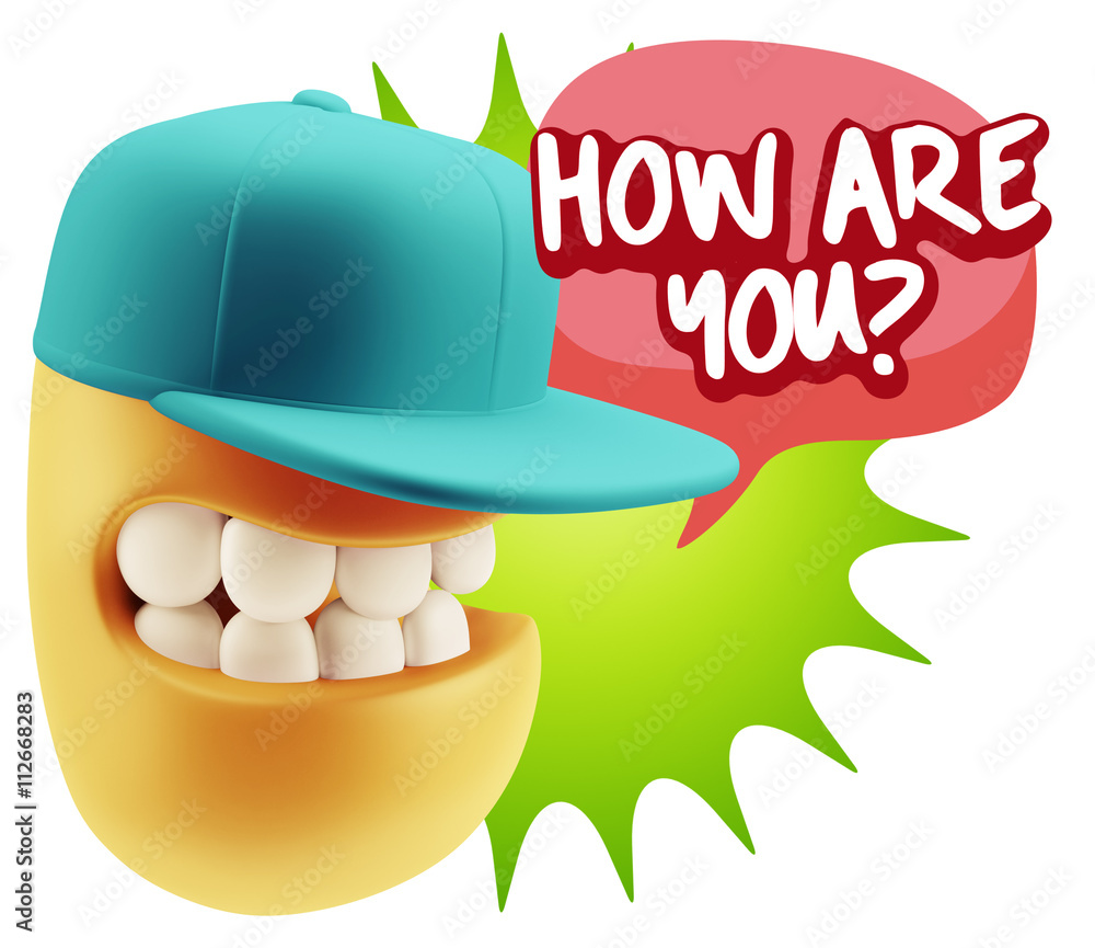 3d Rendering Smile Character Emoticon Expression saying How Are