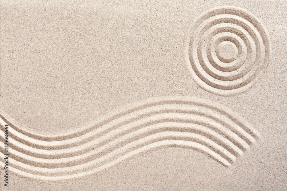Wave and circles in a Japanese zen garden - obrazy, fototapety, plakaty 