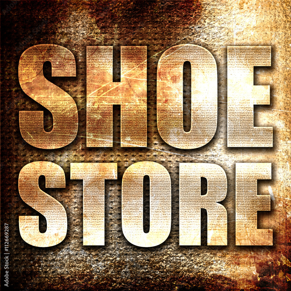 shoe store, 3D rendering, metal text on rust background shoe store, 3D rendering, metal text on rust background