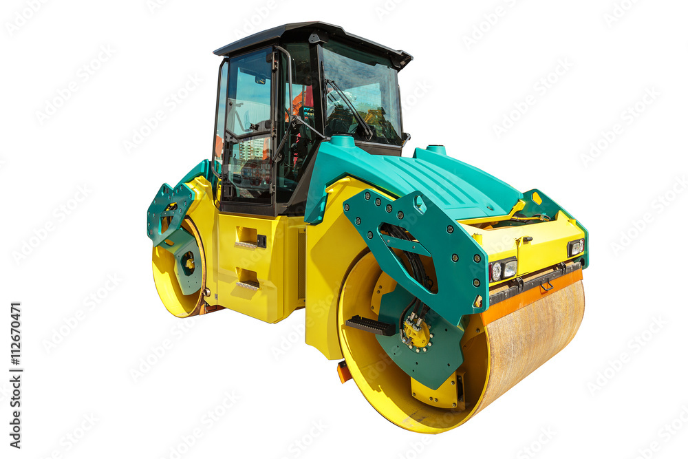 Fototapeta premium Road roller machine isolated on a white background with clipping