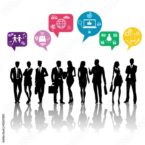 business people silhouettes and technology icons, speech bubbles