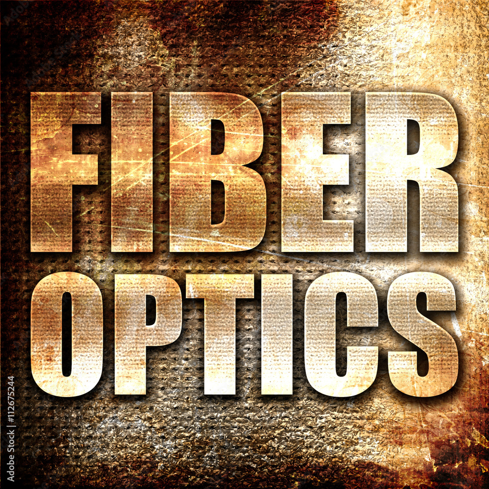 fiber optics, 3D rendering, metal text on rust background fiber optics, 3D rendering, metal text on rust background