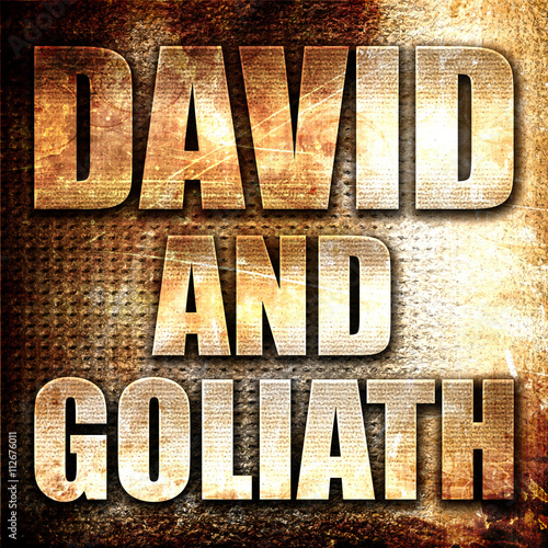 david and goliath, 3D rendering, metal text on rust background