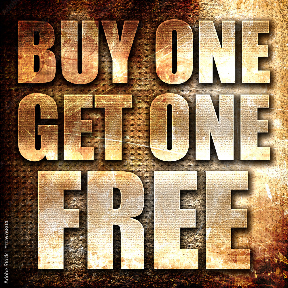 buy one get one free, 3D rendering, metal text on rust backgroun buy one get one free, 3D rendering, metal text on rust backgroun