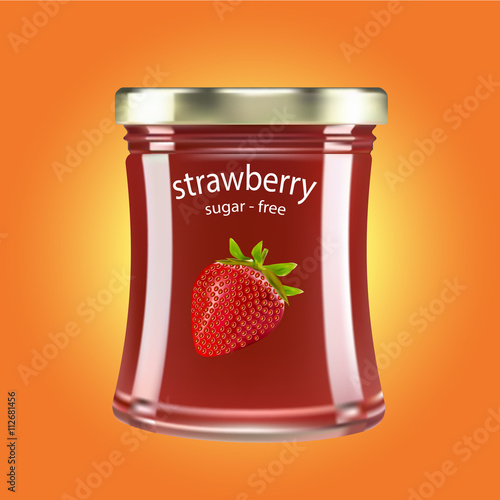 Jar of strawberry jam on orange background