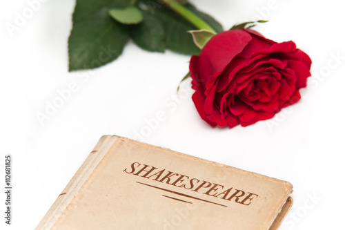 An old book by Shakespeare and a red rose sit on a white background