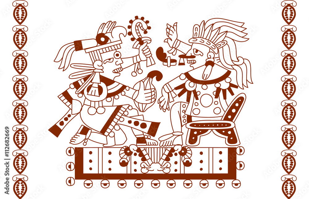 Fototapeta premium sketch drawing aztec cacao bean, leaves, nibs, pattern
