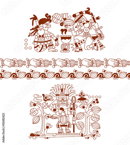 aztec cacao bean, leaves, nibs, pattern with decorate borders