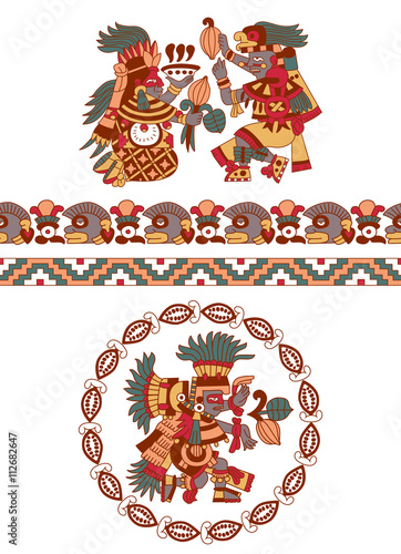  aztec pattern cacao tree, mayans, cacao beans and decorative bo