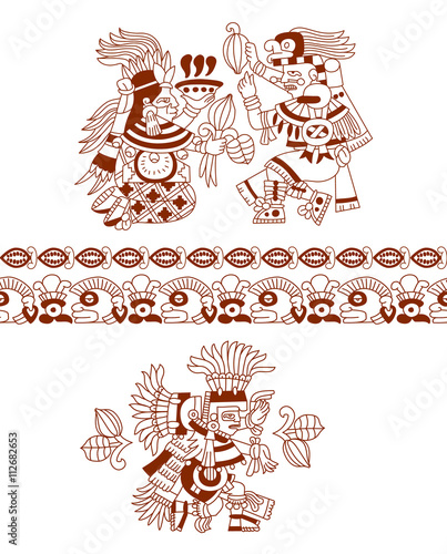 sketch drawing aztec cacao bean, leaves, nibs, pattern