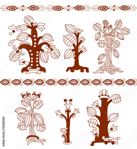 aztec cacao bean, leaves, nibs trees set with decorate borders o