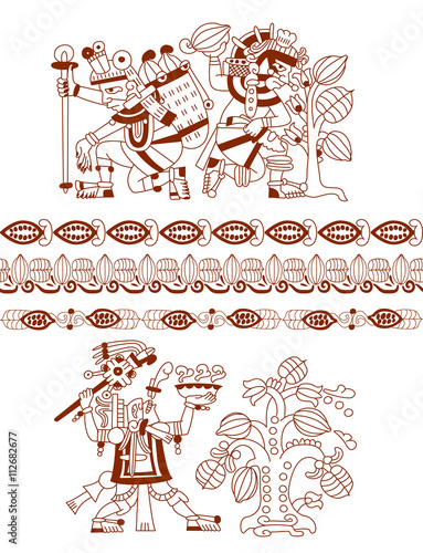 sketch drawing aztec cacao bean, leaves, nibs, pattern