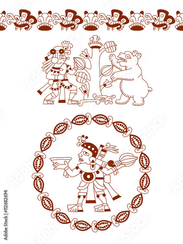 sketch drawing aztec cacao bean, leaves, nibs, pattern