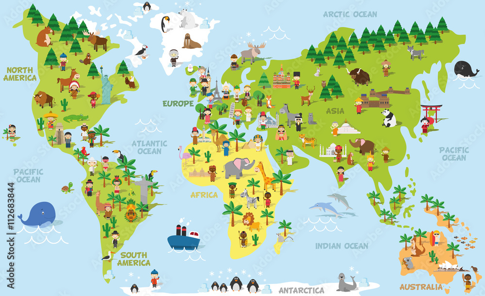Fototapeta premium Mapa świata z zabawnymi kreskówkami z dziećmi różnych narodowości, zwierzętami i zabytkami ze wszystkich kontynentów i oceanów. Ilustracja wektorowa do projektowania edukacji przedszkolnej i dzieci.