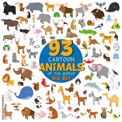 Big set of 93 cute cartoon animals of the world. Vector illustration isolated on white. Icon set.