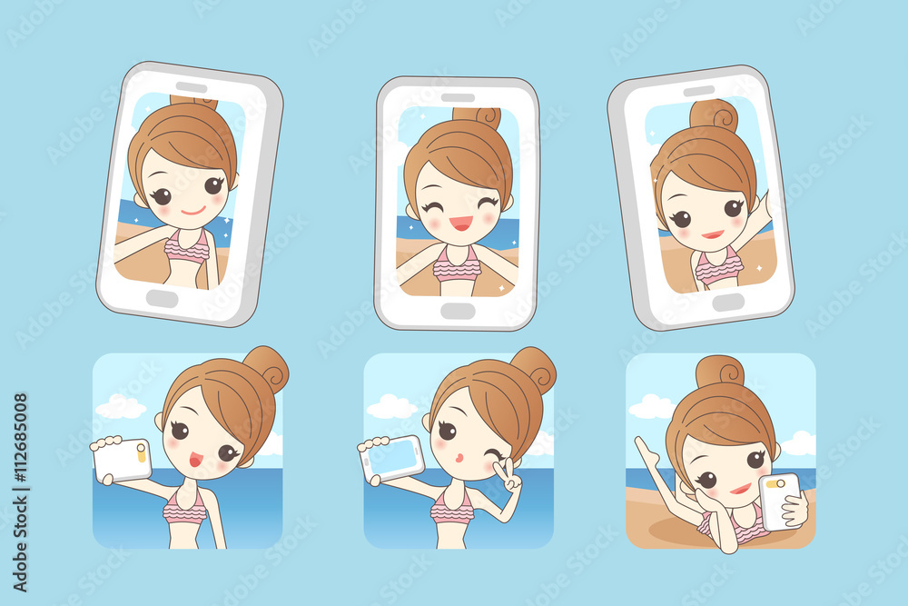 Fototapeta premium Cartoon woman smile take selfie