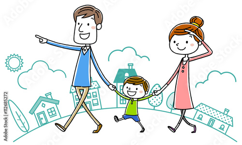 イラスト素材：親子　散歩
