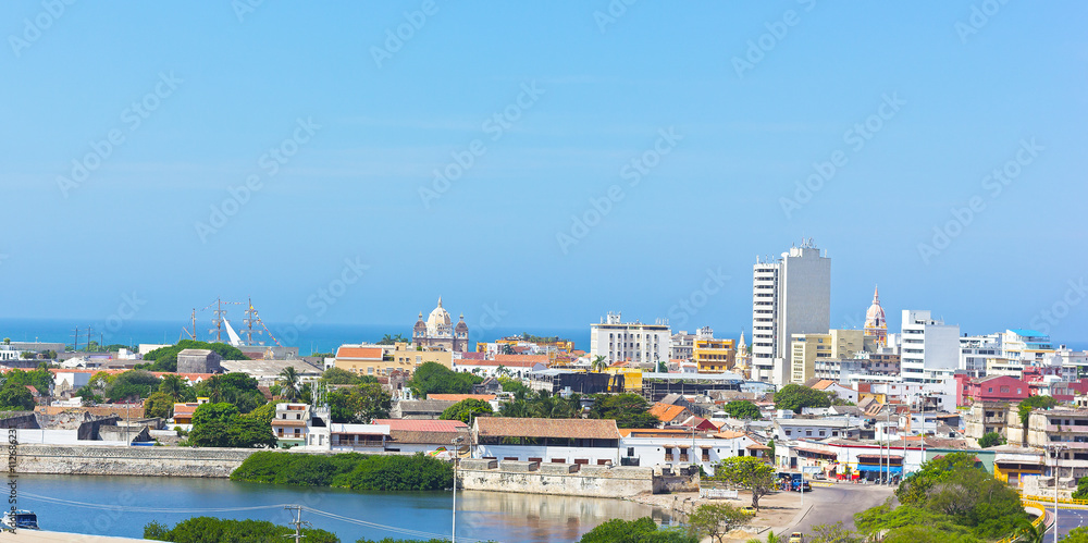 Cartagena de Indias old town in the morning, Colombia. A view on Cartagena Walled City from San Filipe Castle.