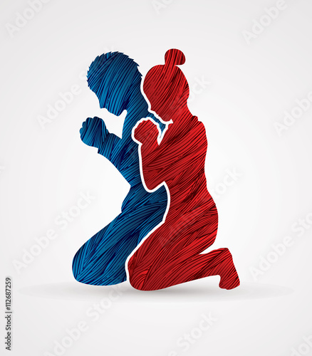 Man and Woman pray together designed using grunge brush graphic vector