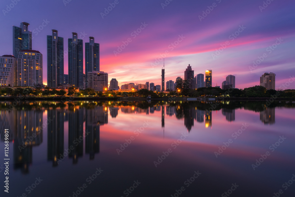 Bangkok cityscape view at park in morning.