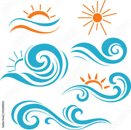 Abstract waves, sea and sun icons. Decorative silhouettes
