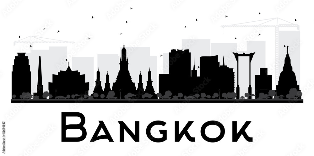 Bangkok City skyline black and white silhouette.