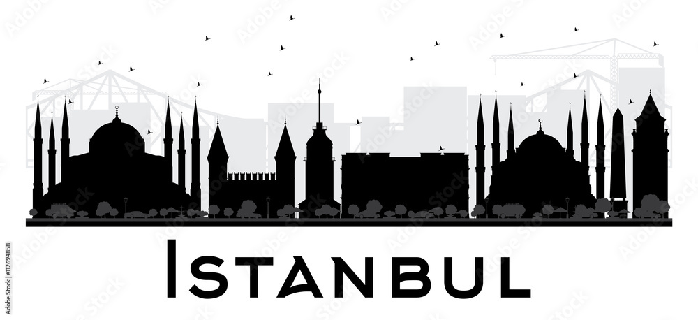 Istanbul City skyline black and white silhouette.