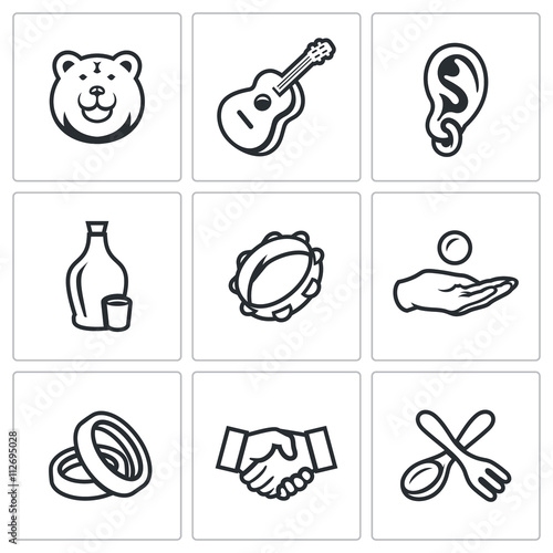 Vector Set of Gypsy Camp Icons. Bear, Guitar, Eear Ring, Alcohol, Tambourine, Beggar, Wedding, Agreement, Silverware.