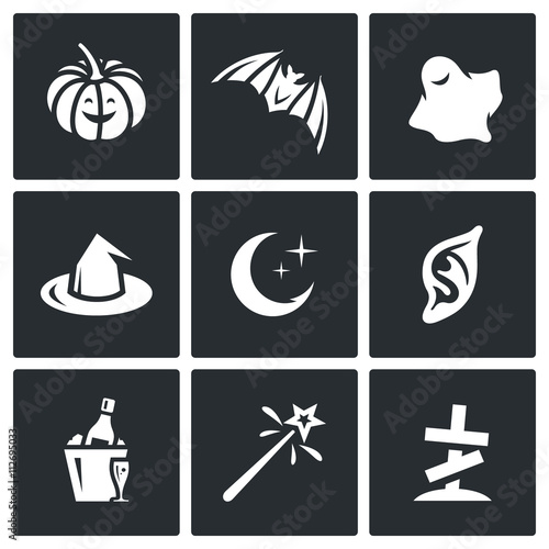 Vector Set of Halloween Icons. Pumpkin, bat, ghost, witch, night, vampire, party, magic, cemetery.