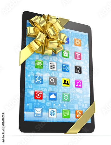 Black tablet with golden bow and icons. 3D rendering.
