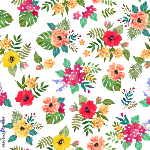 Seamless floral pattern with colorful flowers and leaves.