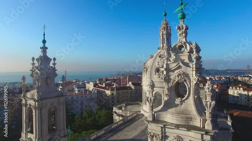 main facade of the Estrela Basilica in Lisbon at morning aerial view