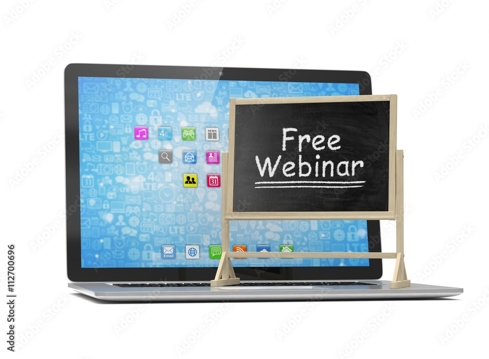 Laptop with chalkboard, free webinar, online education concept. 3d rendering. Laptop with chalkboard, free webinar, online education concept. 3d rendering.