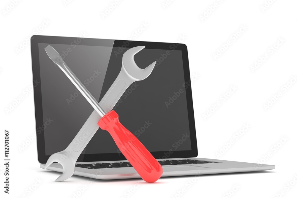 3D Illustration Wrench and screwdriver on laptop, service concept 3D Illustration Wrench and screwdriver on laptop, service concept