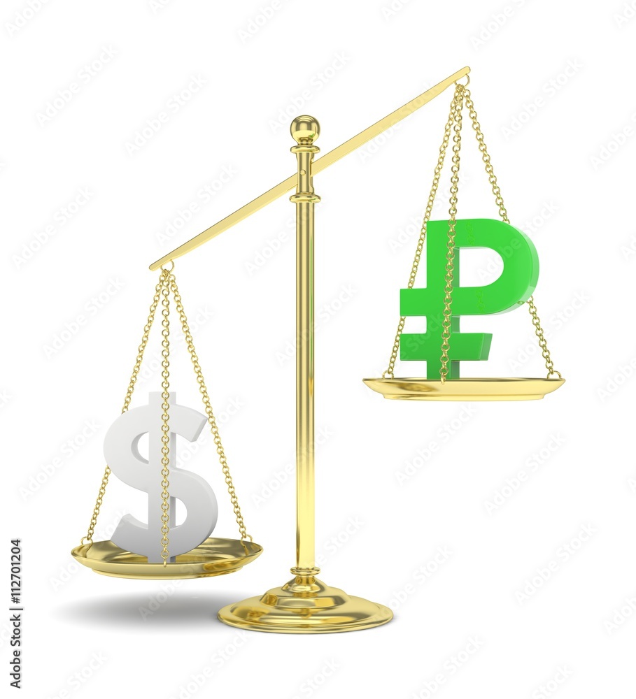 Isolated old fashioned pan scale with dollar and ruble on white background. American and russian currency. Dollar is heavier. Silver usd, green rouble. 3D rendering.