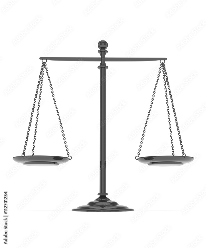 Isolated black scales on white background. Symbol of judgement. Law, measurement, liberty in one concept. 3D rendering. Isolated black scales on white background. Symbol of judgement. Law, measurement, liberty in one concept. 3D rendering.
