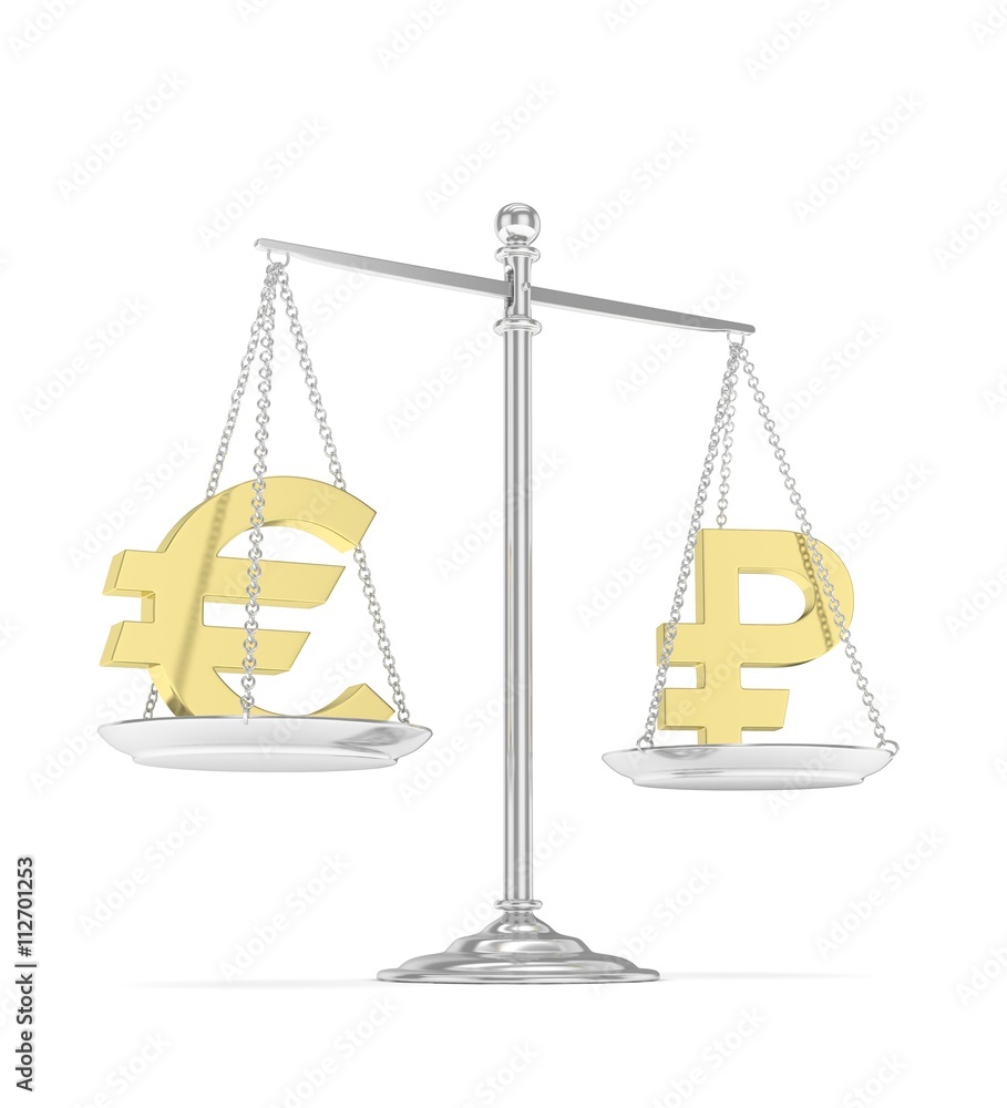 Isolated silver scales with golden euro and ruble currency. Russian and european finance. Measuring of market stability. 3D rendering. Isolated silver scales with golden euro and ruble currency. Russian and european finance. Measuring of market stability. 3D rendering.