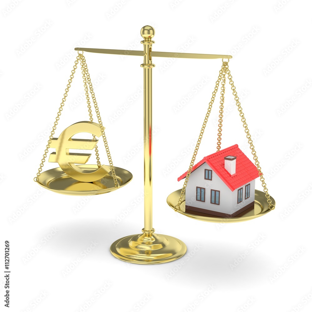 Isolated golden scales with golden euro and house on white background. Investment or savings concept. Real estate and currency. 3D rendering. Isolated golden scales with golden euro and house on white background. Investment or savings concept. Real estate and currency. 3D rendering.