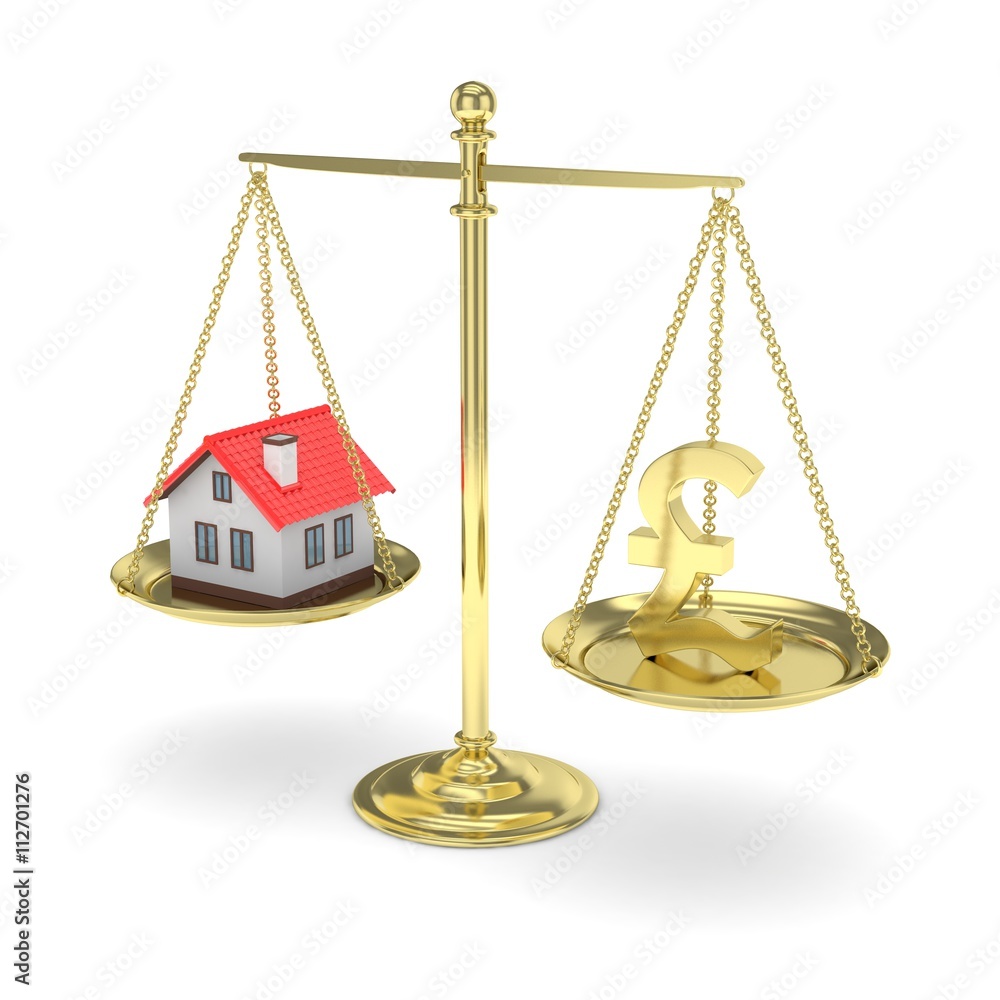 Isolated golden scales with golden pound and house on white background. Investment or savings concept. Real estate and currency. 3D rendering. Isolated golden scales with golden pound and house on white background. Investment or savings concept. Real estate and currency. 3D rendering.