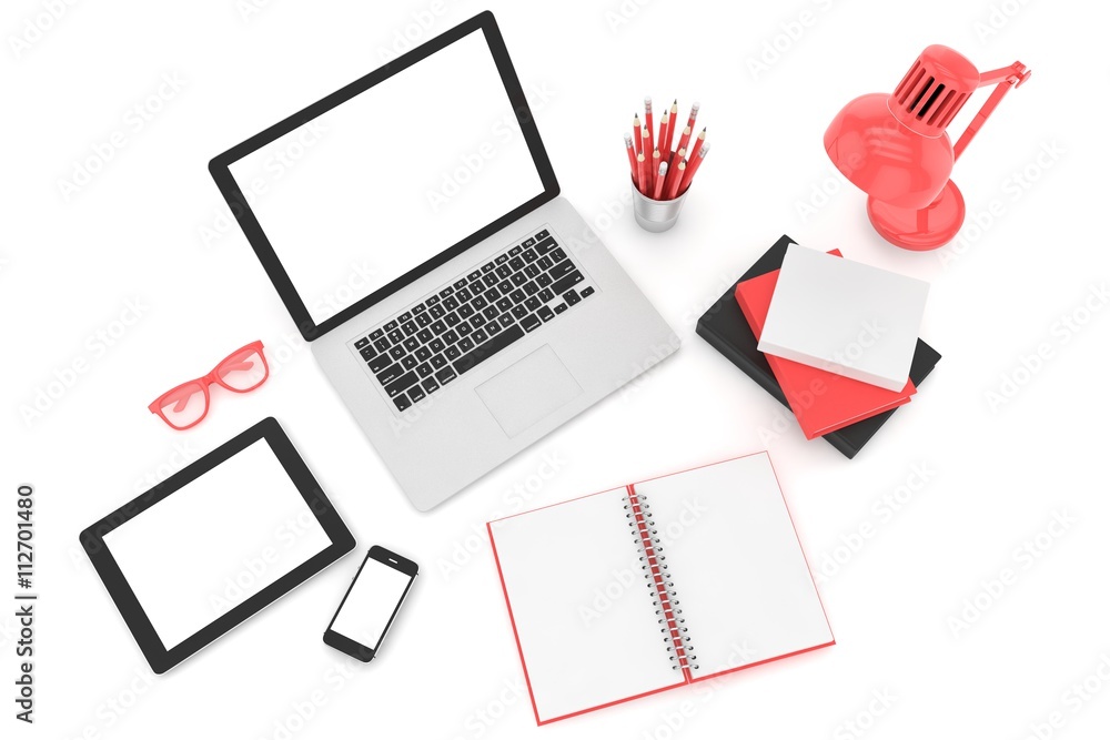 Responsive mockup screens. Laptop, tablet, phone on table. 3d rendering. Responsive mockup screens. Laptop, tablet, phone on table. 3d rendering.
