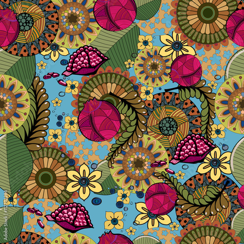 Seamless pattern. Abstract background with flowers and pomegranate.