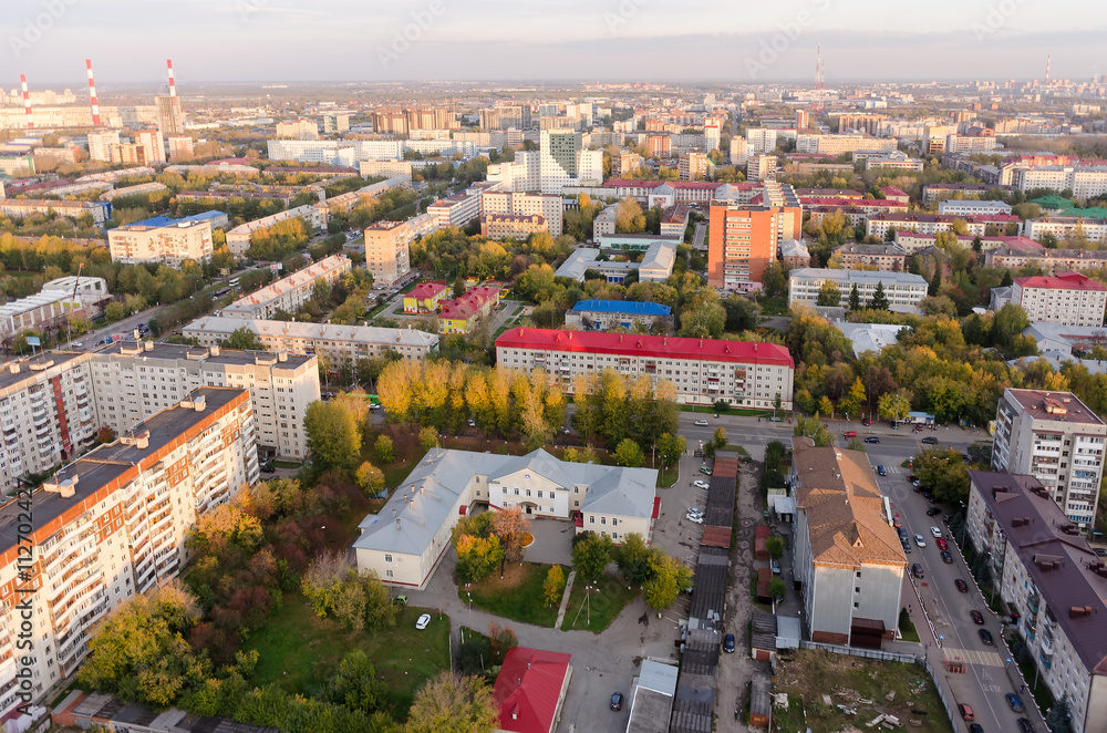 Tyumen, Russia - September 15, 2015: Bird eye view on sleeping neighborhood on Holodilnaya street and Maternity hospital No. 2