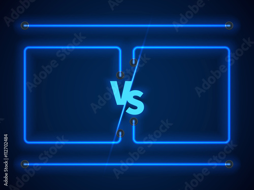 Versus screen with blue neon frames and vs letters. Competition vs match game, martial battle vs sport. Stock vector illustration