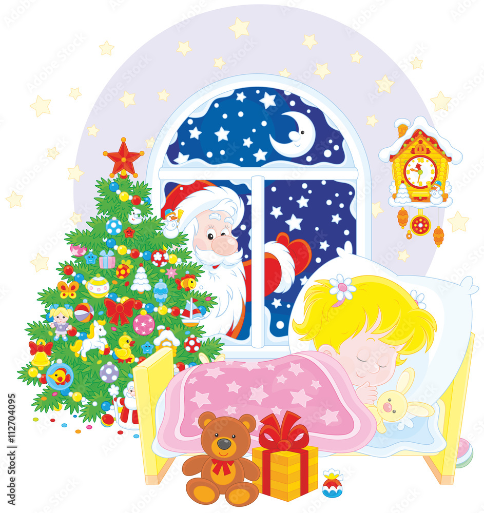Santa Claus brought his gifts to a little sleeping girl in the night before Christmas Santa Claus brought his gifts to a little sleeping girl in the night before Christmas
