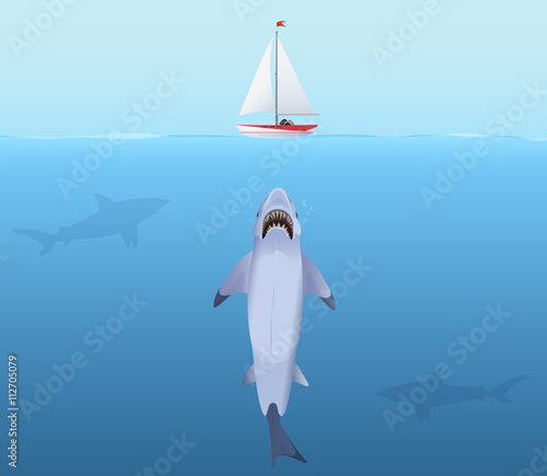 Hungry Shark with big jaw Attack yacht sheep from the water.