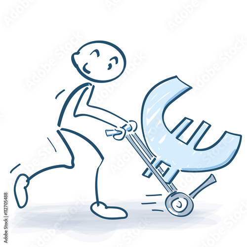 Strichmännchen mit Sackkarre und großen Euro