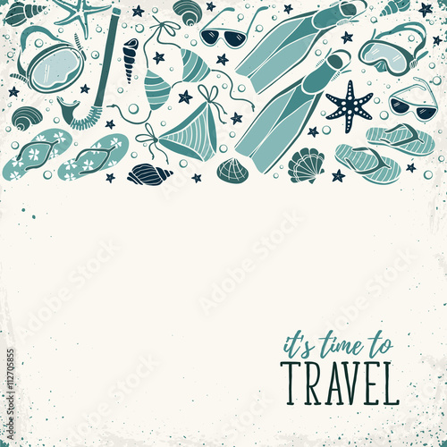 Travel time flayer in retro colors. Illustration of swimsuits, masks, shells, flippers and flip flops. Summer side composition with text. Collection of beach accessories in retro style.