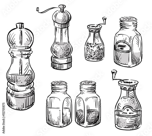 Salt and pepper shakers. Spice containers. Set of vector hand dr