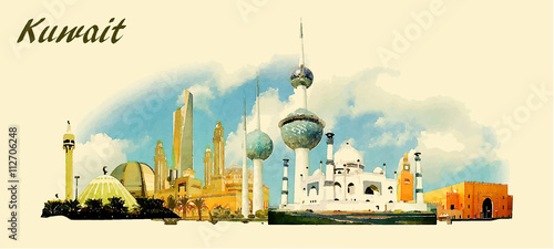 vector panoramic water color  illustration of KUWAIT city photo