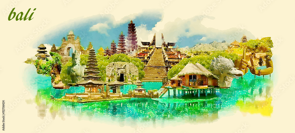 BALI city panoramic vector water color illustration